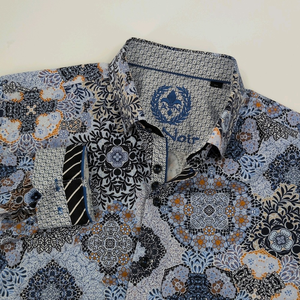 AU NOIR Ashar Mens Dress Shirt 4 L Large Blue Mosaic Floral Geometric Stretch